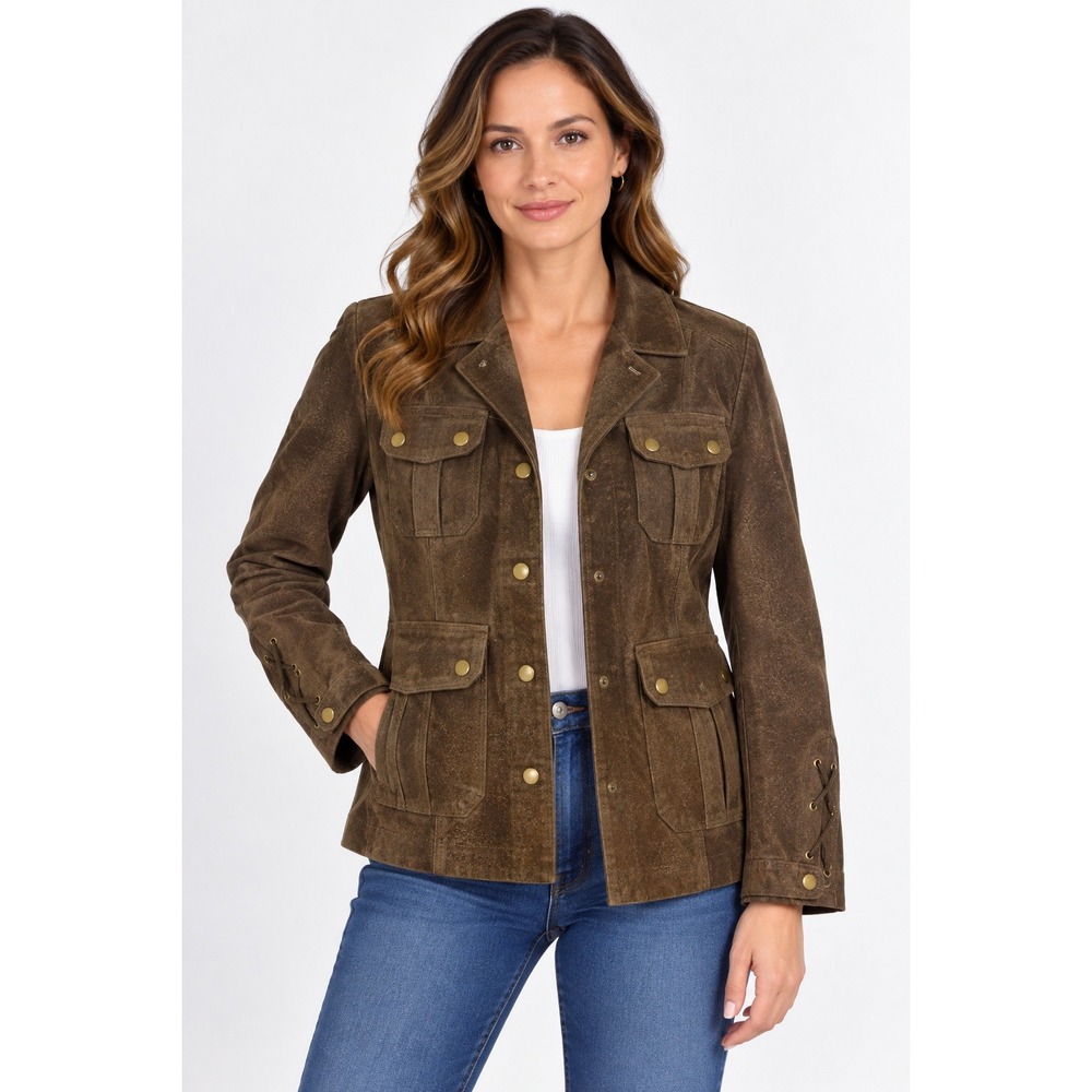 Wilsons Leather Maxima Brown Suede Blazer Jacket Womens L Lace Up Sleeve